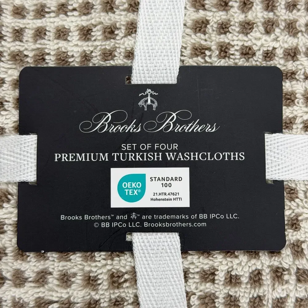 Brooks Brothers Set of 4 Premium Turkish Cotton Washcloths Taupe Ivory Grid NWT